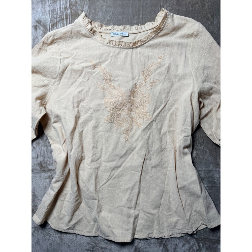 Cellabie Beige Embroidered Ruffle Blouse Size 2X  Babydoll Cottagecore Boho